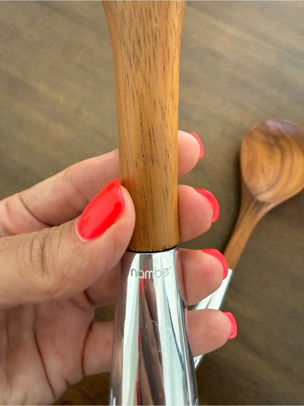 Nambe Wooden Serving Spoons with Silver Handles - Brown and Silver Set of 2
